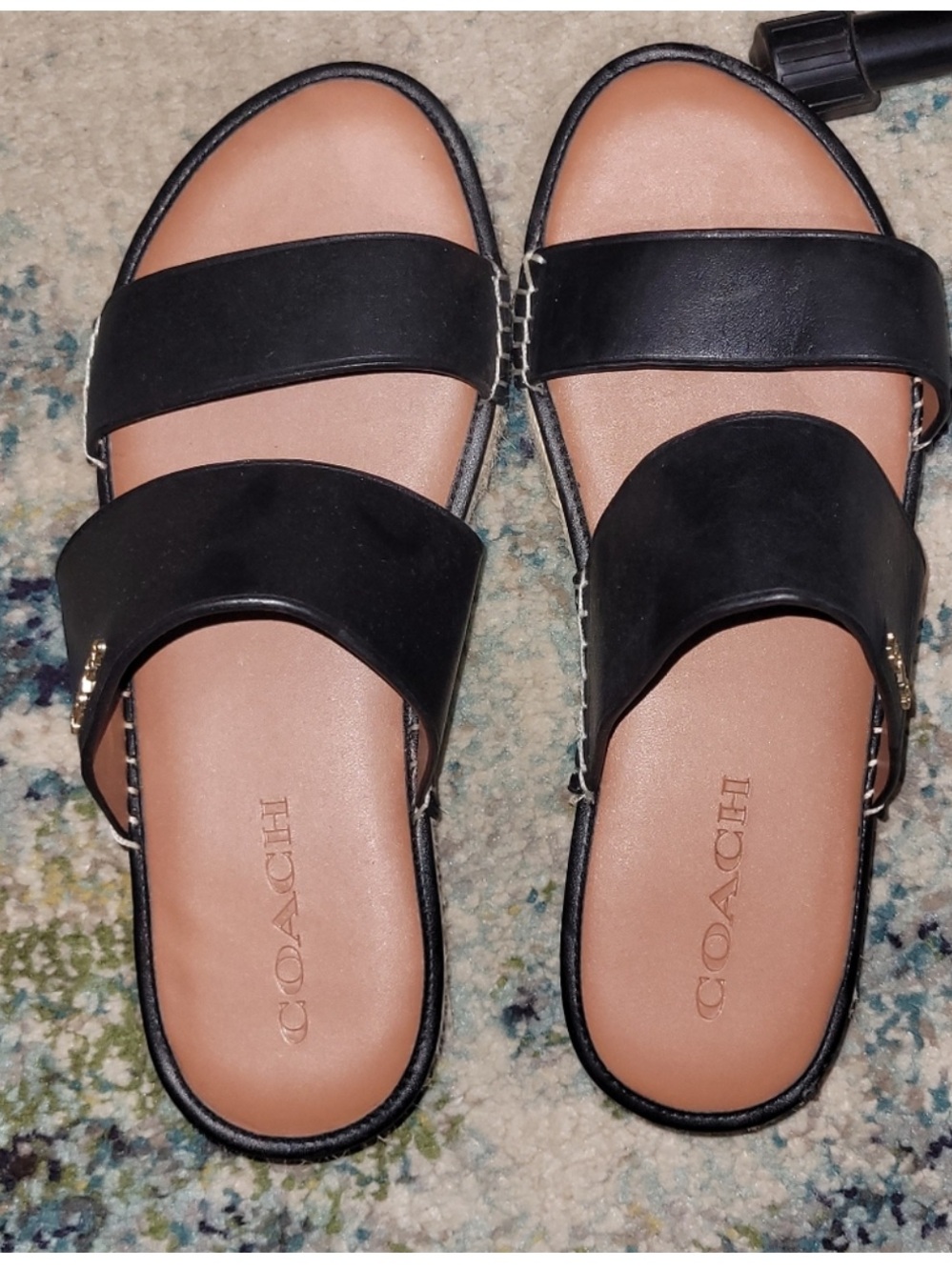 COACH Black Double-Strap Slide Sandals with Tan Insole